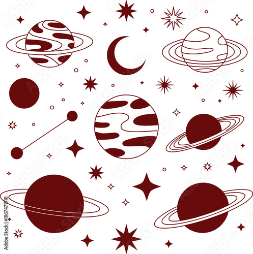 Celestial vector illustration featuring planets, moon, stars, and cosmic symbols in abstract maroon line-art style.