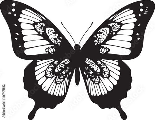 Black and white butterfly with skull patterns on wings in silhouette style