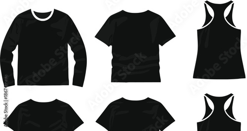 Black apparel mockup collection featuring vector templates of long sleeve shirts t-shirts and tank tops for sports clothing brand identity and merchandise.