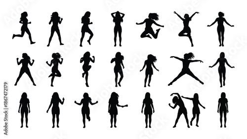 Silhouettes of people in various dynamic poses depicting movement and activity