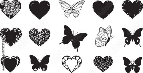 Black and white heart and butterfly silhouettes with intricate patterns and 1