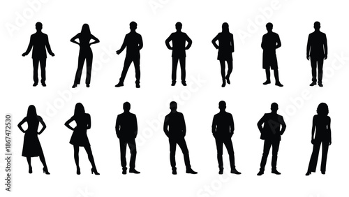 Silhouettes of diverse people standing in various casual and formal poses