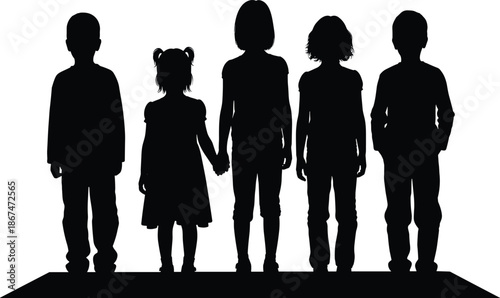 Black silhouette of a group of children standing together and reading books isolated on white background for school education design