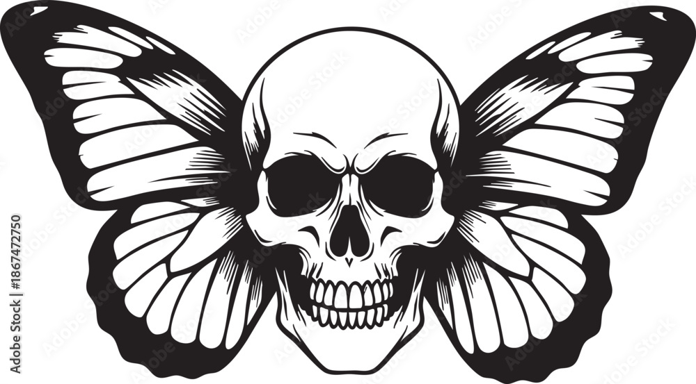 Obraz premium Black and white of a skull with butterfly wings macabre death