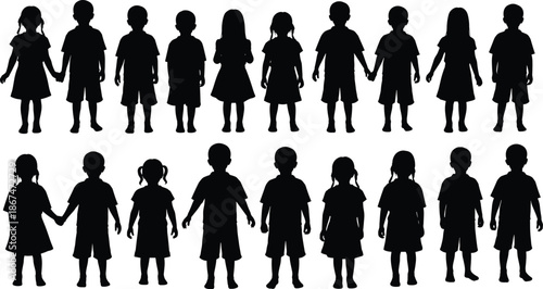 Large collection of children silhouettes featuring boys and girls in various poses including walking, playing soccer, dancing, and standing still.