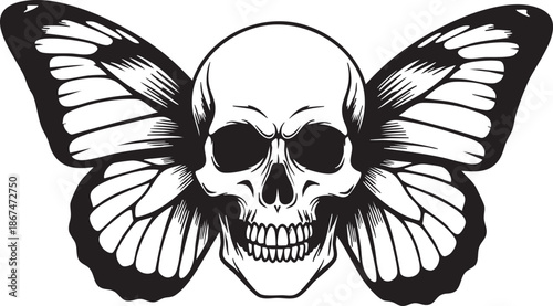 Black and white of a skull with butterfly wings macabre death