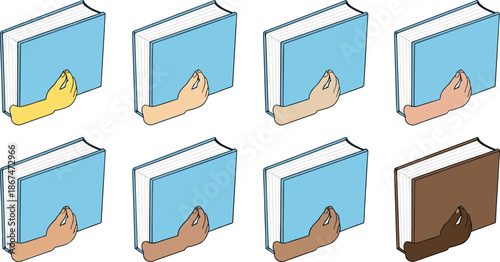 Hand holding book icon collection featuring colorful vector designs of diverse skin tones and pinched fingers for reading education and literacy projects.