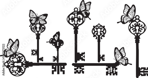 Black and white silhouette of ornate keys with butterflies and intricate