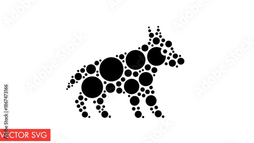 A black silhouette of a horse made up of various sized circles in a creative and artistic composition