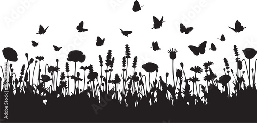 Black and white silhouette of wildflowers with flying butterflies in a meadow