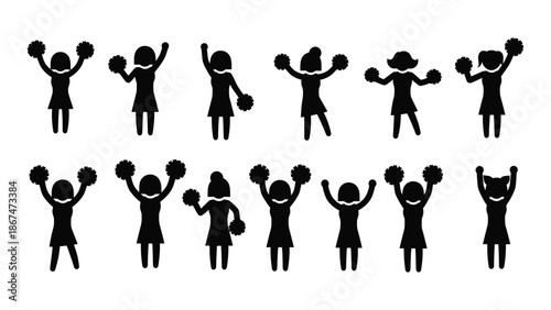 Silhouettes of cheerleaders in various dynamic poses celebrating victory or performance
