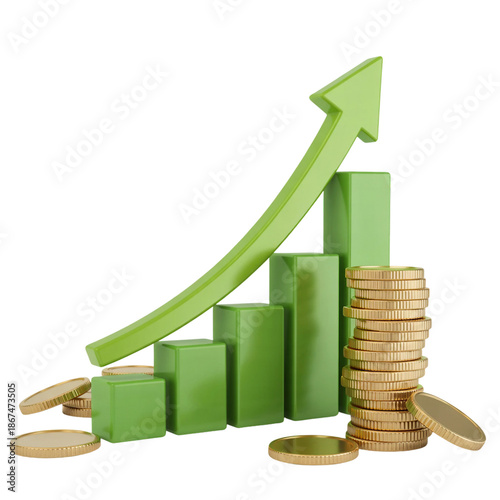  A 3D render of a green upward-trending bar graph with a large arrow pointing upward against a white background