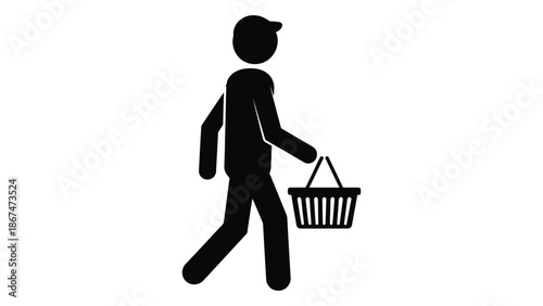 Simple black silhouette of a person walking with a shopping basket