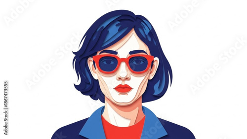 A vibrant illustration of a woman with short dark hair wearing red sunglasses and a blue jacket over a red shirt