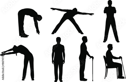 Stretching exercise silhouette collection featuring black vector designs of men and women performing physical therapy gymnastics and senior fitness moves with canes.