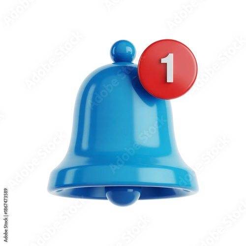 3d blue bell icon with notification icon isolated on transparent background, png. Social media notification, new message 