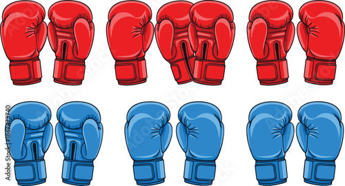 Boxing glove icon collection featuring red and blue vector designs of padded sports equipment for combat fighting training and martial arts matches.