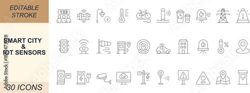 Smart city and IoT sensors vector icons of including traffic light, air quality, electricity, water, GPS, smart bus stop, and connectivity. ideal for web, mobile, UI design. Editable stroke.