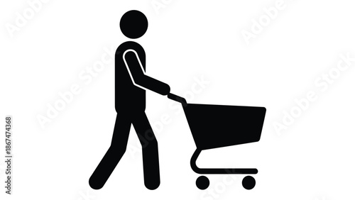 Simple black silhouette of a person pushing a shopping cart