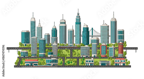 Cityscape illustration with skyscrapers, roads, trees, and buildings in a flat, cartoon style, with a white background.