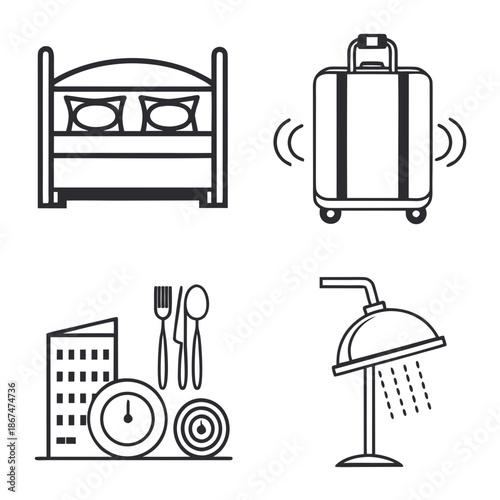 Minimal Flat Icons: Hotel Services, Room & Amenities Symbols