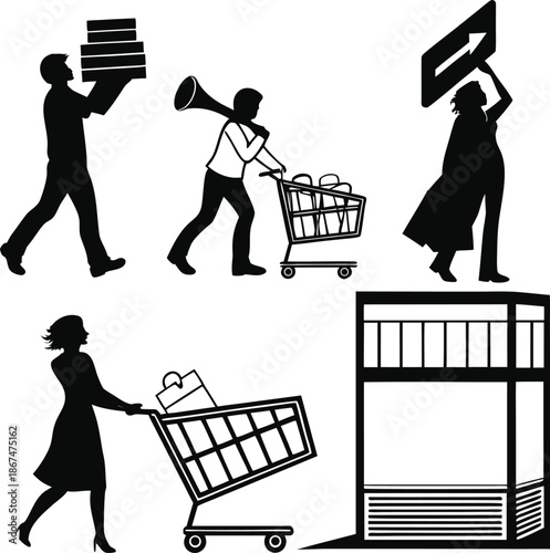 People shopping and carrying items in black silhouette style