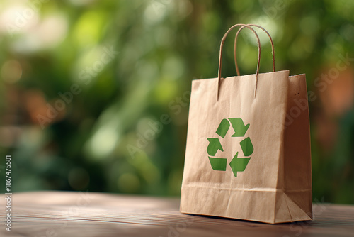 Nachhaltige Papiertüte mit Recycling-Symbol im natürlichen Umfeld