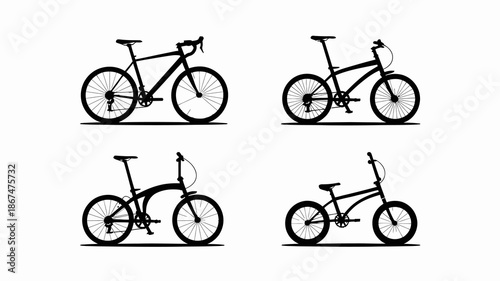 a silhouette collection showcases four distinct bicycle designs varying in frame style and handlebar configurations against a white backdrop high quality professional detailed modern elegant stylish