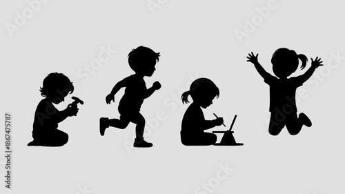 a simple black silhouette depicts stages of childhood showing a baby toddler running child drawing and a jumping kid high quality professional detailed modern elegant stylish