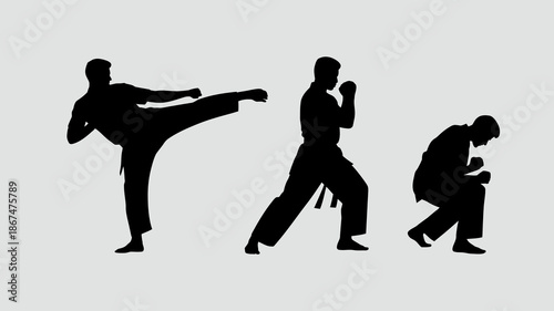 a silhouetted depiction of three figures engaged in martial arts practice showcasing a dynamic kick a fighting stance and a kneeling pose high quality professional detailed