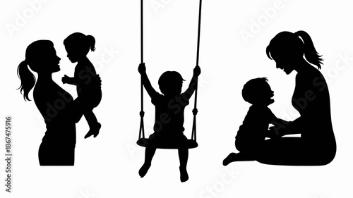 a silhouette depiction of a mother and child pair engaging in playful interaction showcasing tenderness and familial bonds in a simple design high quality professional detailed
