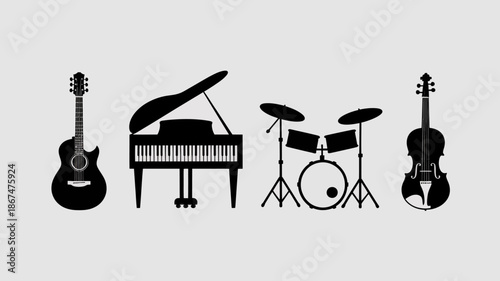 a simple flat design showcasing a collection of musical instruments including a guitar piano drum kit and violin all in black silhouettes high quality professional detailed