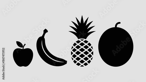 a simple illustration displays a collection of various fruits including an apple a curved banana a textured pineapple and a round orange high quality professional detailed