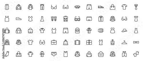 Clothes and Fashion Accessories icon set. Vector collection of apparel and accessories including vest, hoodie, dress, jeans, glasses, handbag, shoe, swimsuit, coat, hat and more.