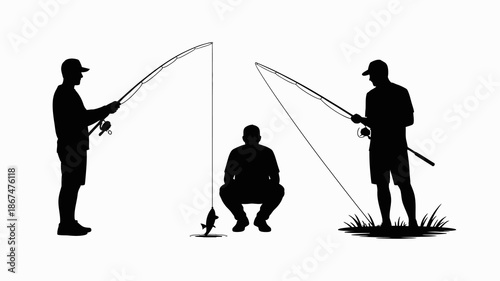 a simple black silhouette illustration depicts three figures fishing two standing and one seated showcasing a peaceful outdoor recreational activity high quality professional detailed modern elegant