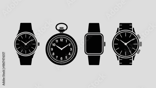 a collection of four distinct timekeeping devices is displayed in a monochromatic style showcasing varied watch designs and technologies high quality professional detailed modern elegant stylish