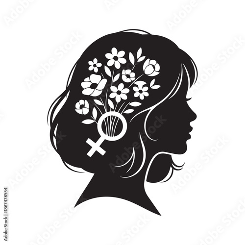 Woman head silhouette with flowers and female symbol concept of womens rights and freedom
