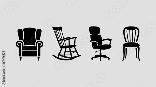 a minimalist grayscale illustration depicts five distinct silhouettes of chairs showcasing various styles and designs in a clean format high quality professional detailed modern elegant stylish