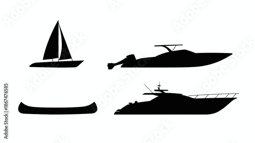 a minimalist depiction showcasing silhouettes of a sailboat a motorboat a canoe and a luxury yacht against a stark white background high quality professional detailed modern