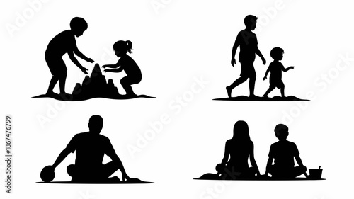 a monochrome illustration depicts a family enjoying a day at the beach building sandcastles and relaxing together in silhouettes high quality professional detailed modern elegant stylish