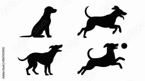 a minimalist illustration depicts four black silhouettes of dogs in various poses showcasing a sitting jumping and playful canine theme high quality professional detailed modern elegant