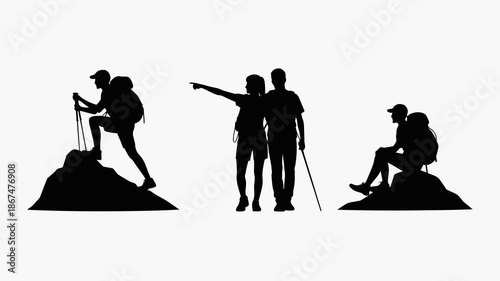 a silhouette depiction of people hiking and exploring a mountainous landscape showcasing adventure nature and the joy of outdoor recreation high quality professional detailed modern elegant