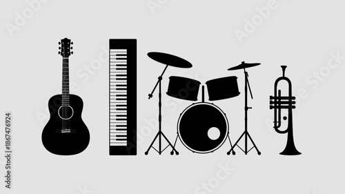 a minimalist illustration showcasing a collection of musical instruments including a guitar keyboard drum set and trumpet all in black silhouettes high quality professional detailed modern