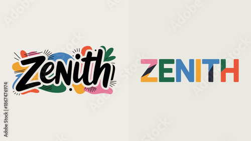 the image displays the zenith brand name in two different colorful and artistic logo variations presented on a neutral background high quality professional detailed modern elegant