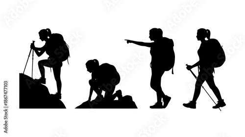 a silhouette depiction of four individuals engaged in a mountainous hiking adventure showcasing varied poses and equipment during their trek high quality professional detailed modern elegant