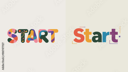 the image displays the word start twice once in a colorful vibrant style and again in a minimalist red design high quality professional detailed modern elegant
