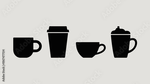 a simple illustration showcases four distinct black silhouettes of various beverage containers including mugs and to go cups arranged horizontally high quality professional detailed modern elegant