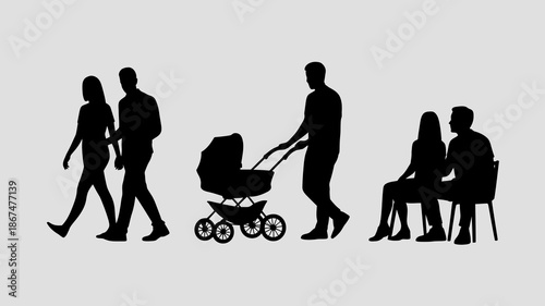 a grayscale image depicts silhouettes of people walking pushing a stroller and sitting illustrating family life and movement high quality professional detailed modern elegant stylish clean