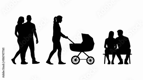 a simple black and white graphic depicts a family progressing through life stages from a couple to parenthood and finally to old age high quality professional