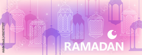 Colorful arabic lanterns on the colorful gradient background. Stars, moon. Ramadan concept.